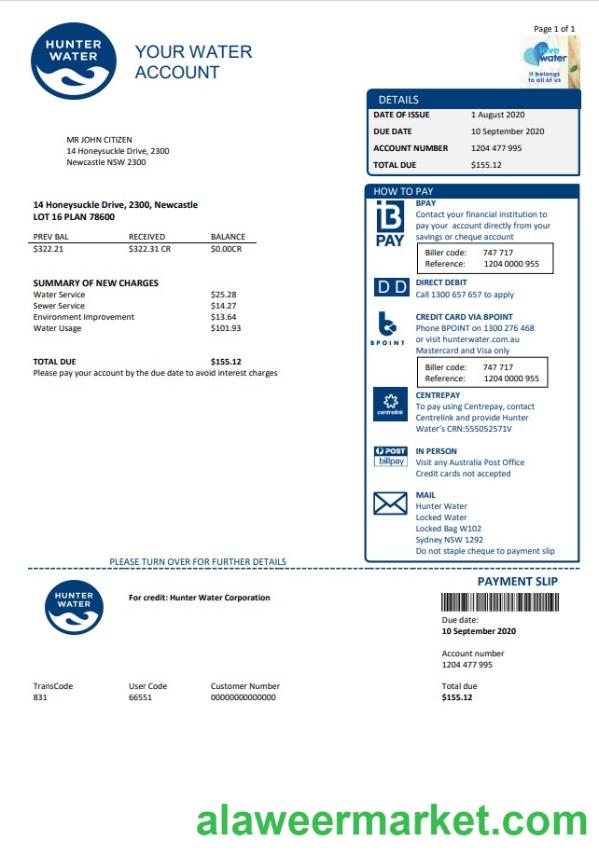 Australia Hunter Water utility bill